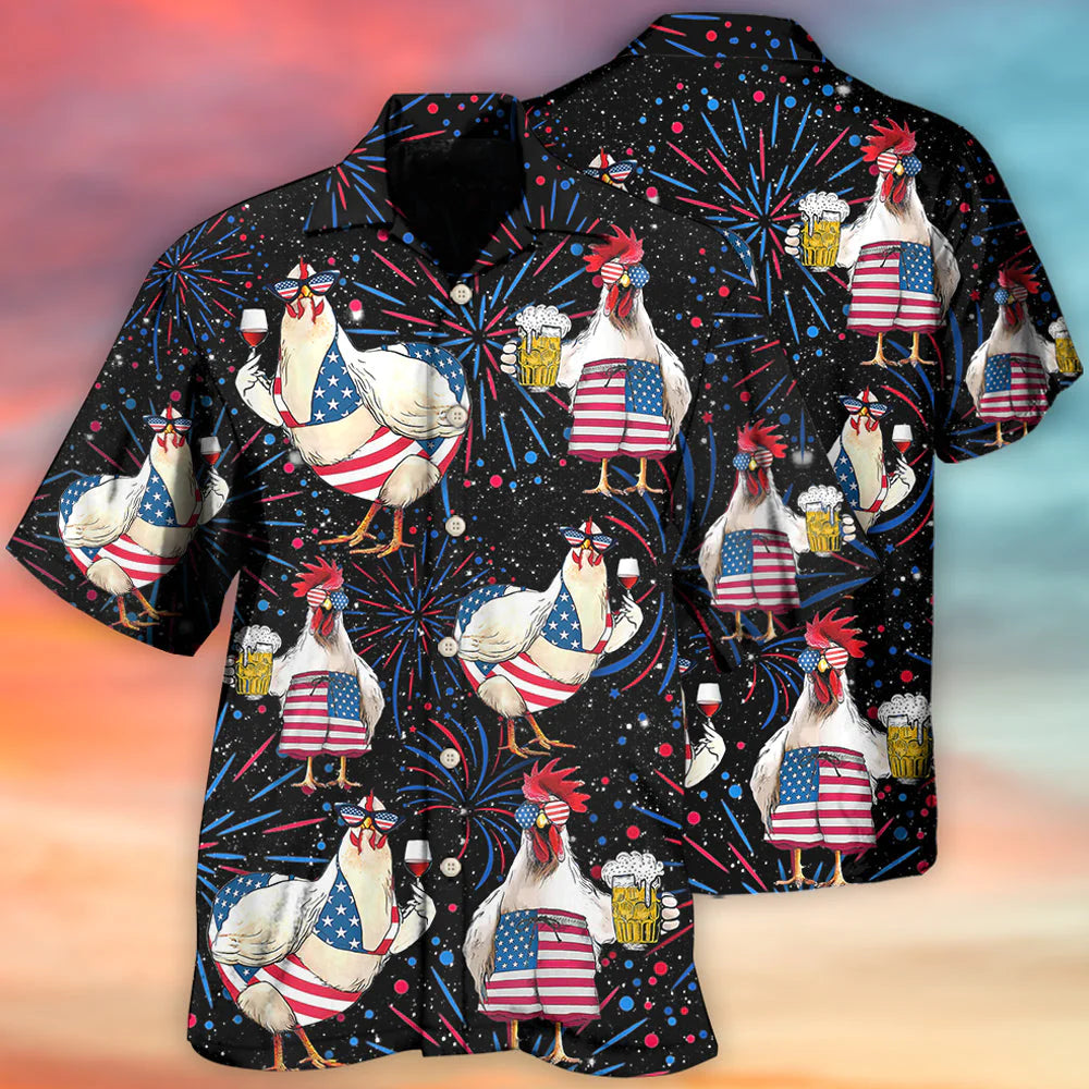 Cool Independence Day Chickens Beer All Printed 3D Hawaiian Shirt