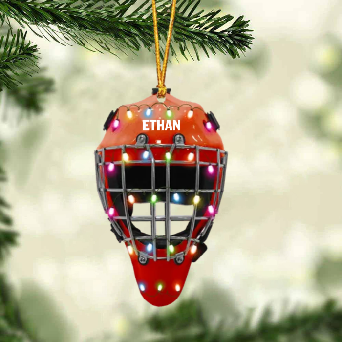 Version 3 Ice Hockey Helmet With Cage - Personalized Christmas Ornament - Gifts For Ice Hockey Lovers