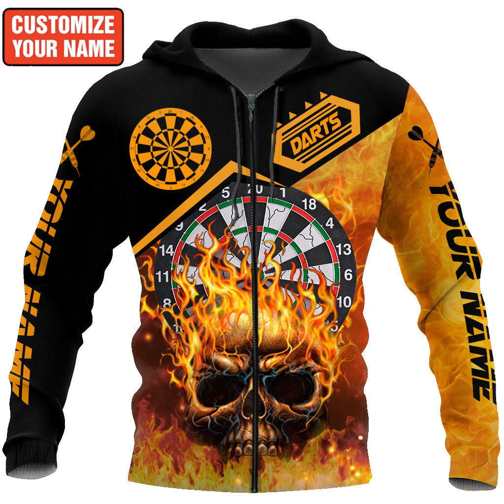 Personalized Name Darts Fire All Over Printed Unisex Shirt/ Skull Fire Hoodie Shirt/ Idea Gift for Dart Player