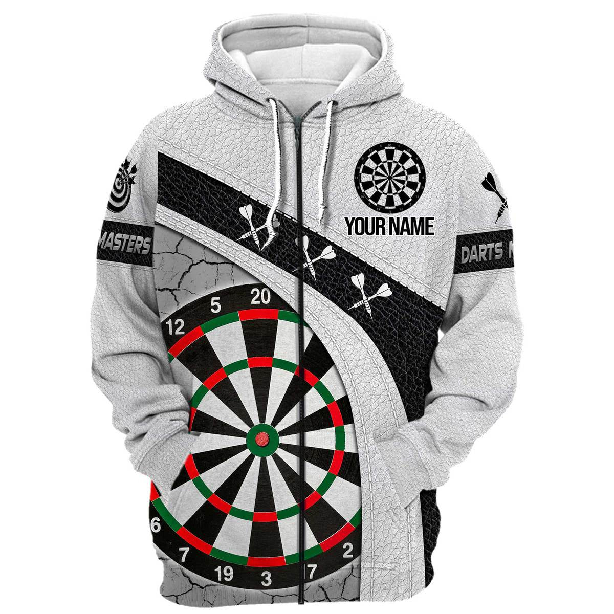 Personalized Name Darts Player Black and White Leather All Over Printed Unisex Hoodie Zip Hoodie Shirt