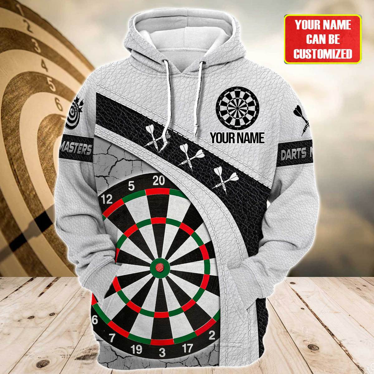 Personalized Name Darts Player Black and White Leather All Over Printed Unisex Hoodie Zip Hoodie Shirt