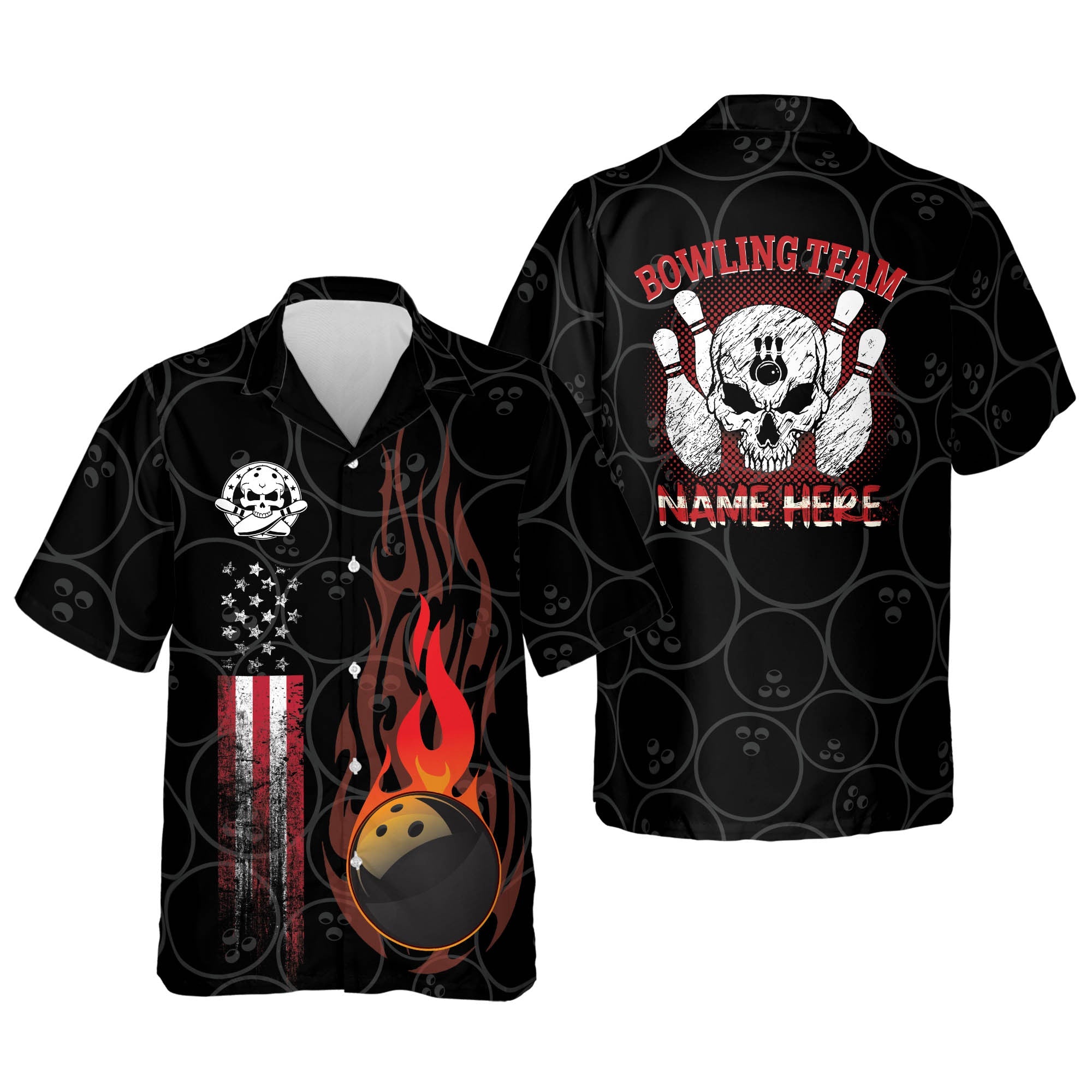 Funny Flame Skull Bowling Team Button-Down Short Sleeve/ Skull Bowling Hawaiian Shirt