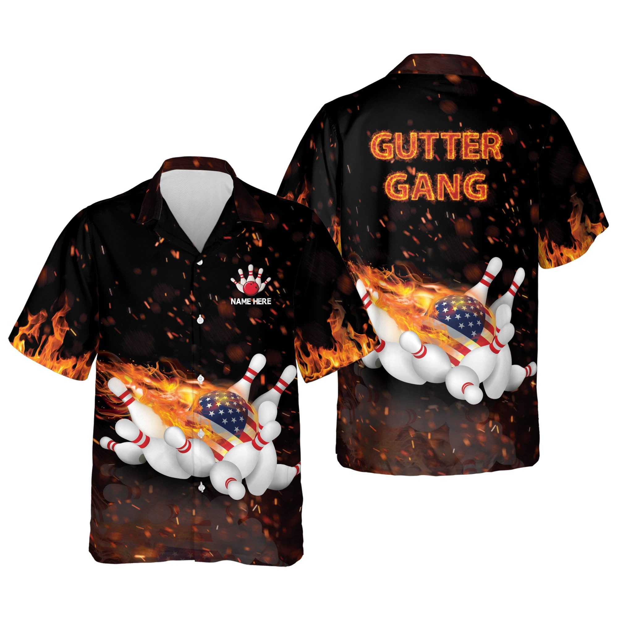 Personalized Name Flame Bowling Gutter Gang Hawaiian Shirt / Gift for Bowler/ Flag Shirt