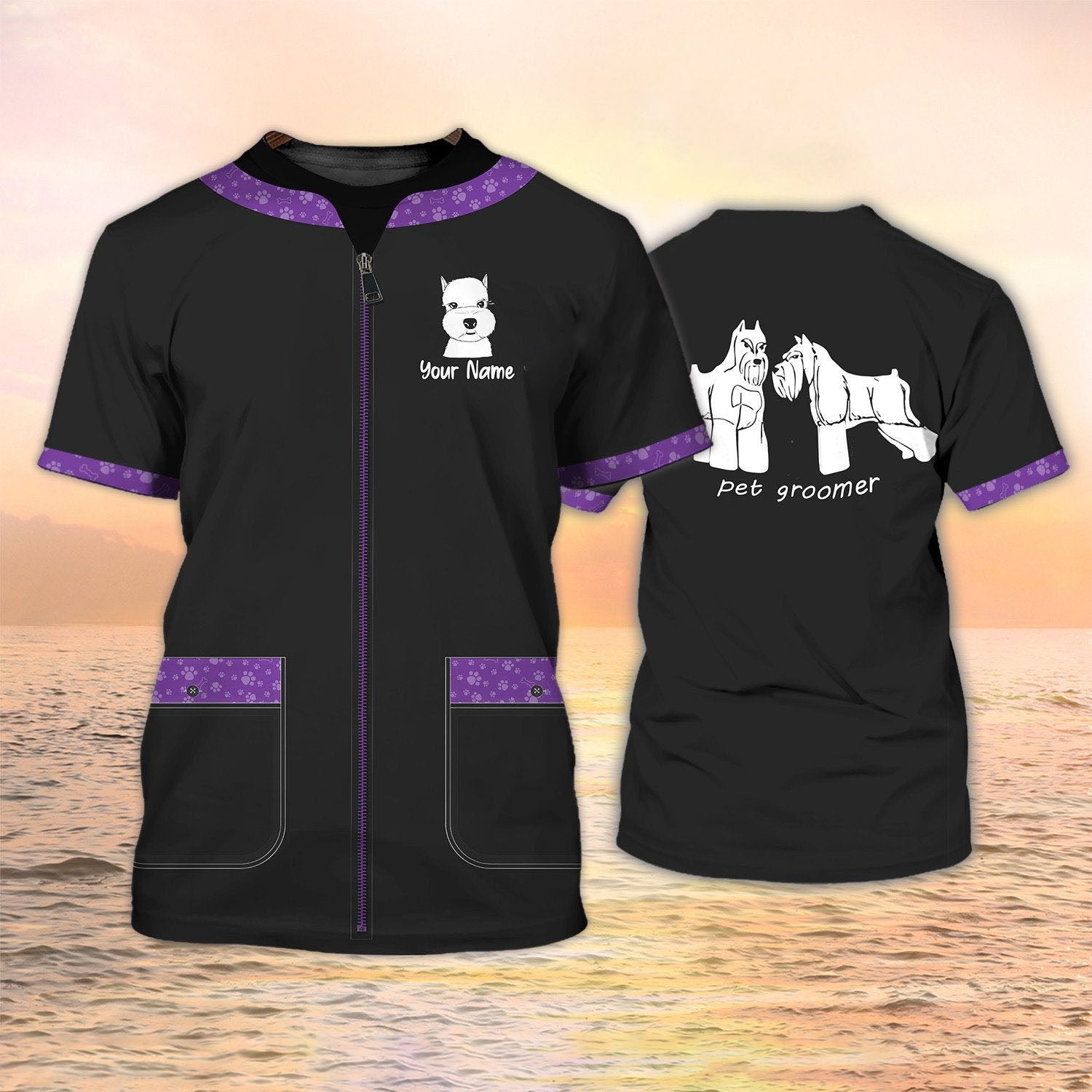 Pet Groomer T Shirt Grooming Custom Shirts Pet Salon Uniform Black & Purple
