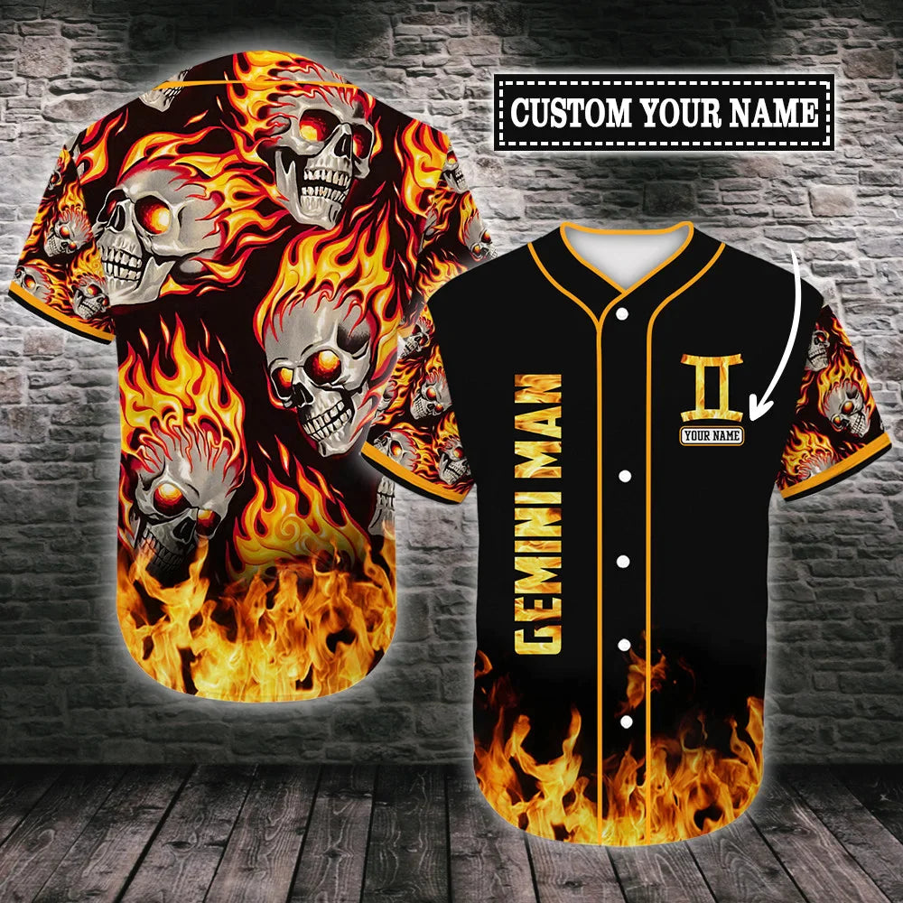Personalized Custom Name Multi Color Gemini Skull Flame Baseball Tee Jersey Shirt