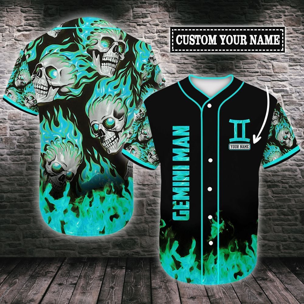 Personalized Custom Name Multi Color Gemini Skull Flame Baseball Tee Jersey Shirt