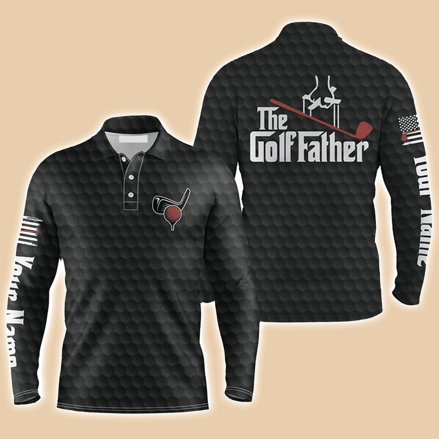 Custom Name Black Golf Ball Pattern Apparel - The Golf Father Men Golf Long Sleeve Polo Shirt/ Gift for Golfer