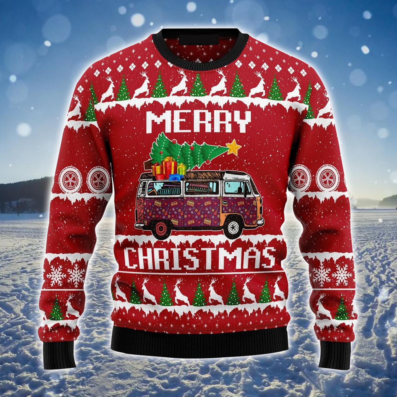 Hippie Car Ugly Sweater/ Christmas Pattern Red Ugly Sweater For Men & Women/ Perfect Gift For Camping Hippie Lover