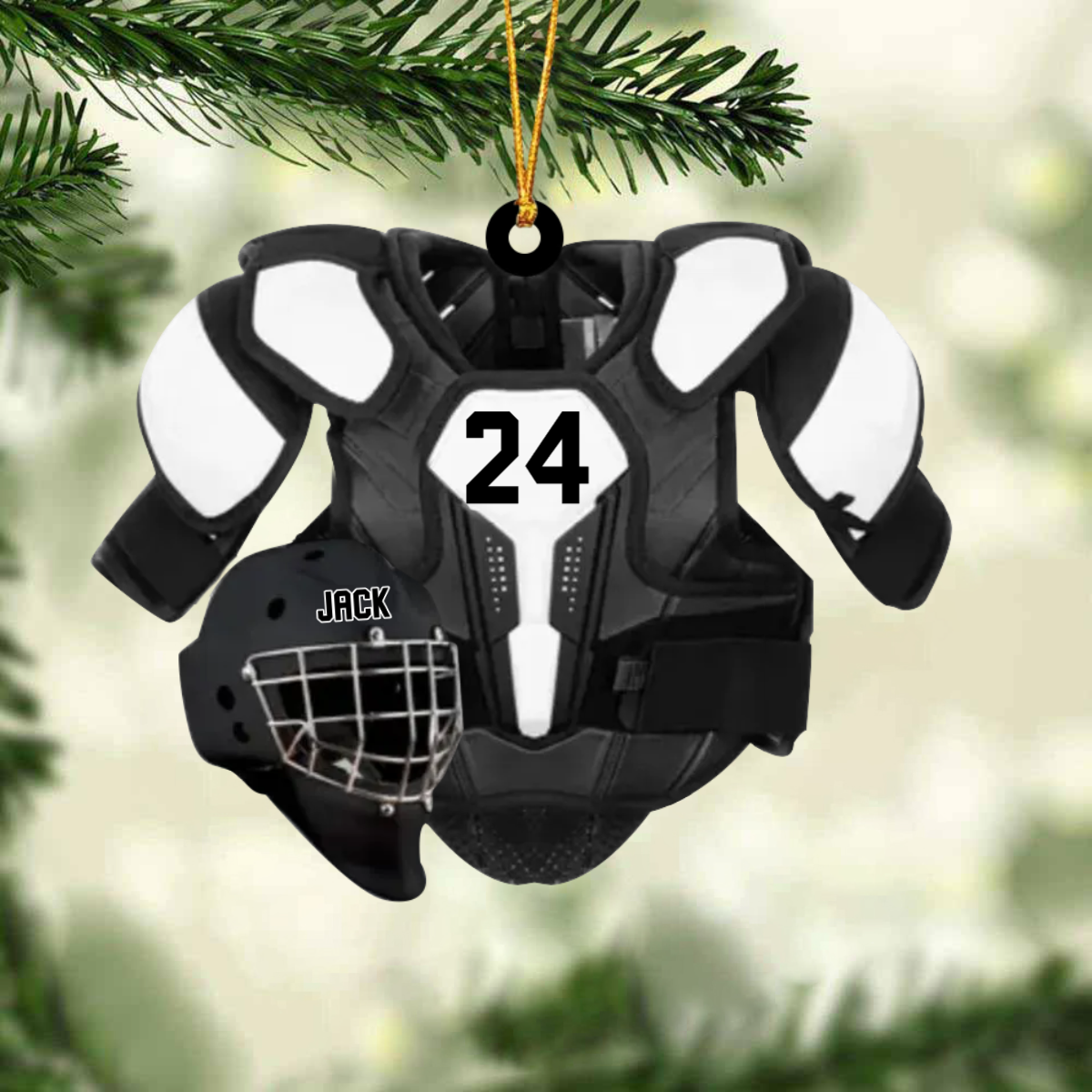 Personalized Ice Hockey Helmet and Shoulder Pads Christmas Ornament