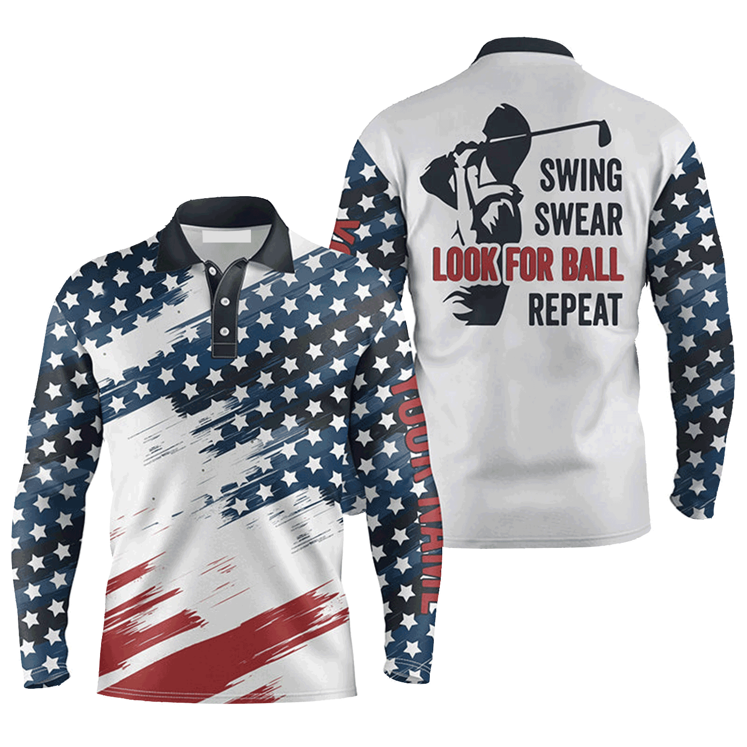 Personalized Name American Flag Golf Long Sleeve Polo Shirt/ Swing Swear Look For Ball Repeat 3D Shirt/ Gift For Men