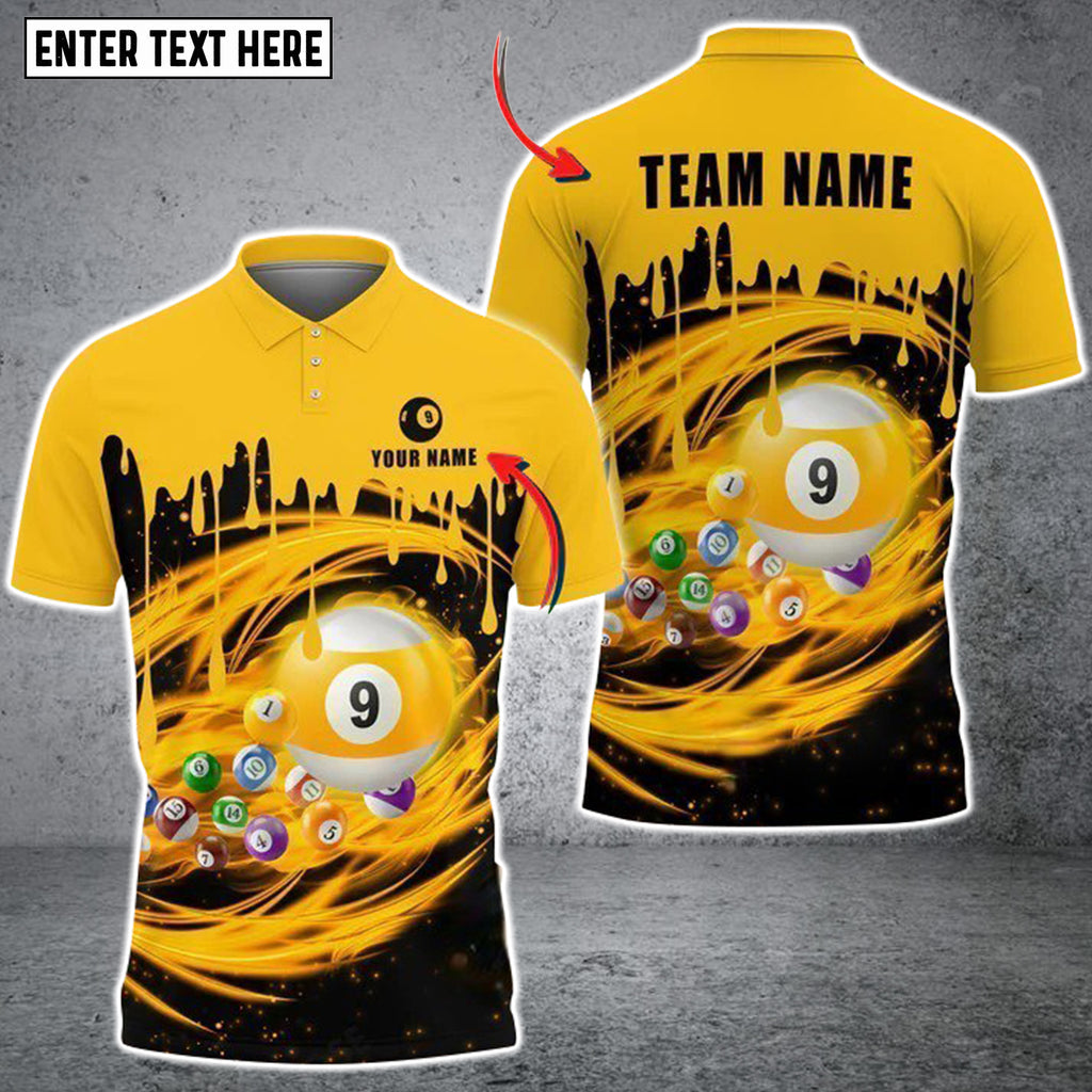 Coolspod Billiards 9 Ball Yellow Paint Drop Personalized Name 3D Polo Shirt/ Idea Gift for Billiard Players