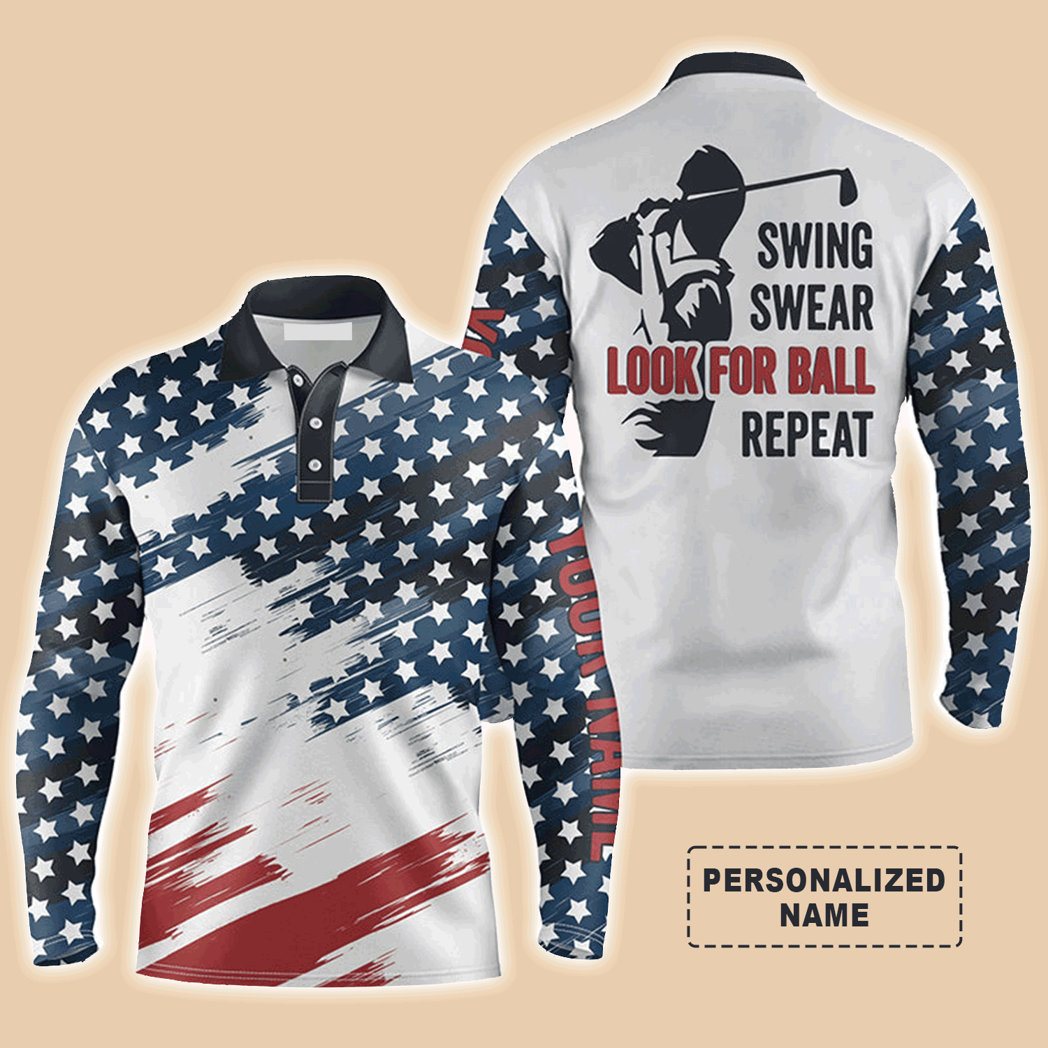 Personalized Name American Flag Golf Long Sleeve Polo Shirt/ Swing Swear Look For Ball Repeat 3D Shirt/ Gift For Men