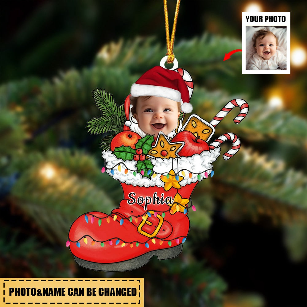 Personalized Cute Christmas Kid Santa Shoe Upload photos Acrylic Ornament