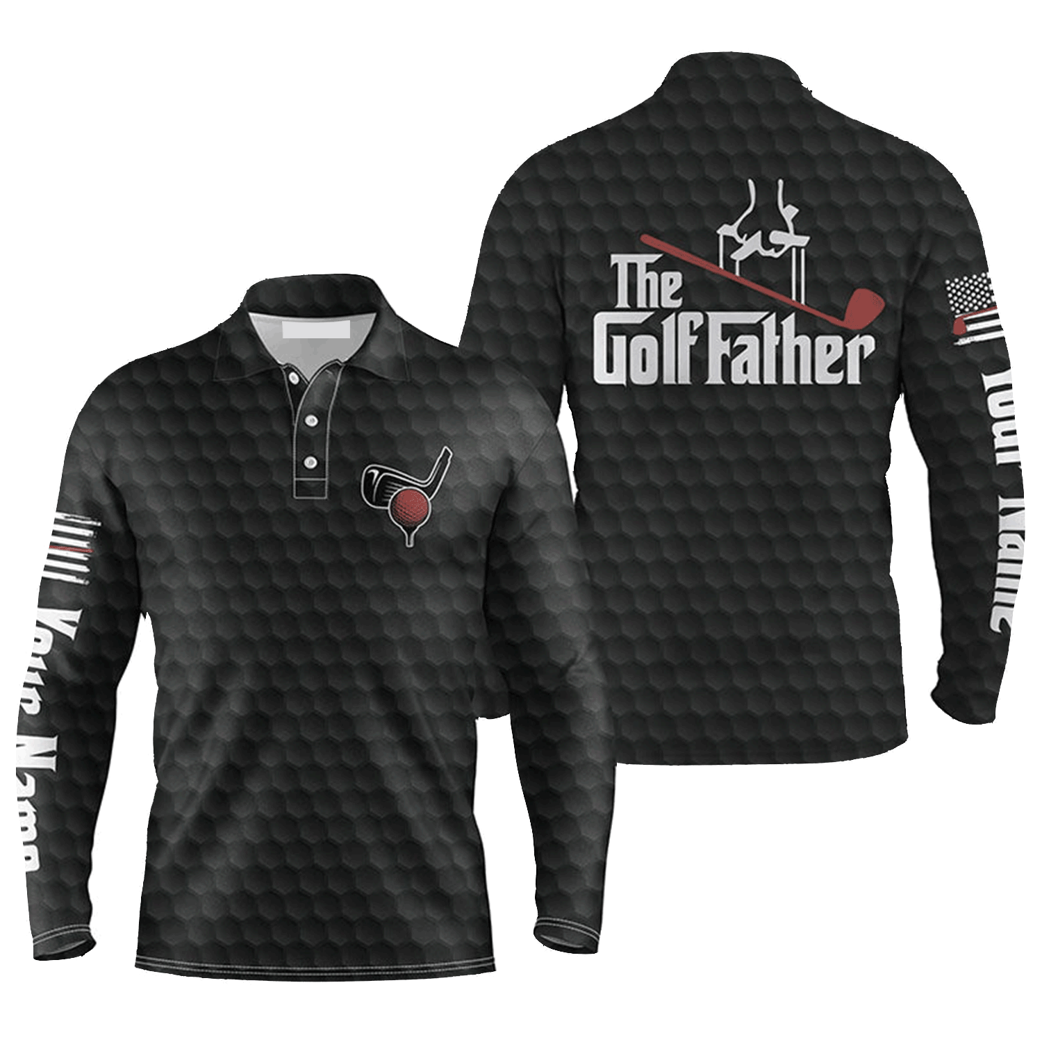 Custom Name Black Golf Ball Pattern Apparel - The Golf Father Men Golf Long Sleeve Polo Shirt/ Gift for Golfer