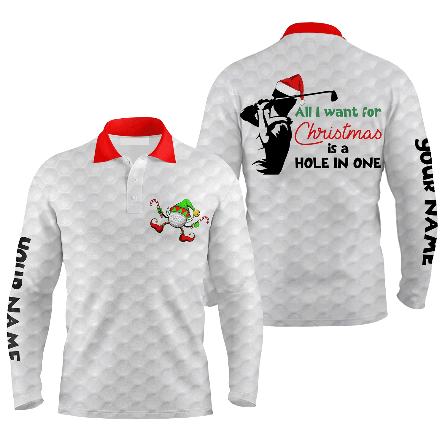 Custom Golf Long Sleeve Men Polo Shirt - Funny Christmas Golf / All I Want For Christmas Is A Hole In One Men Polo Shirt