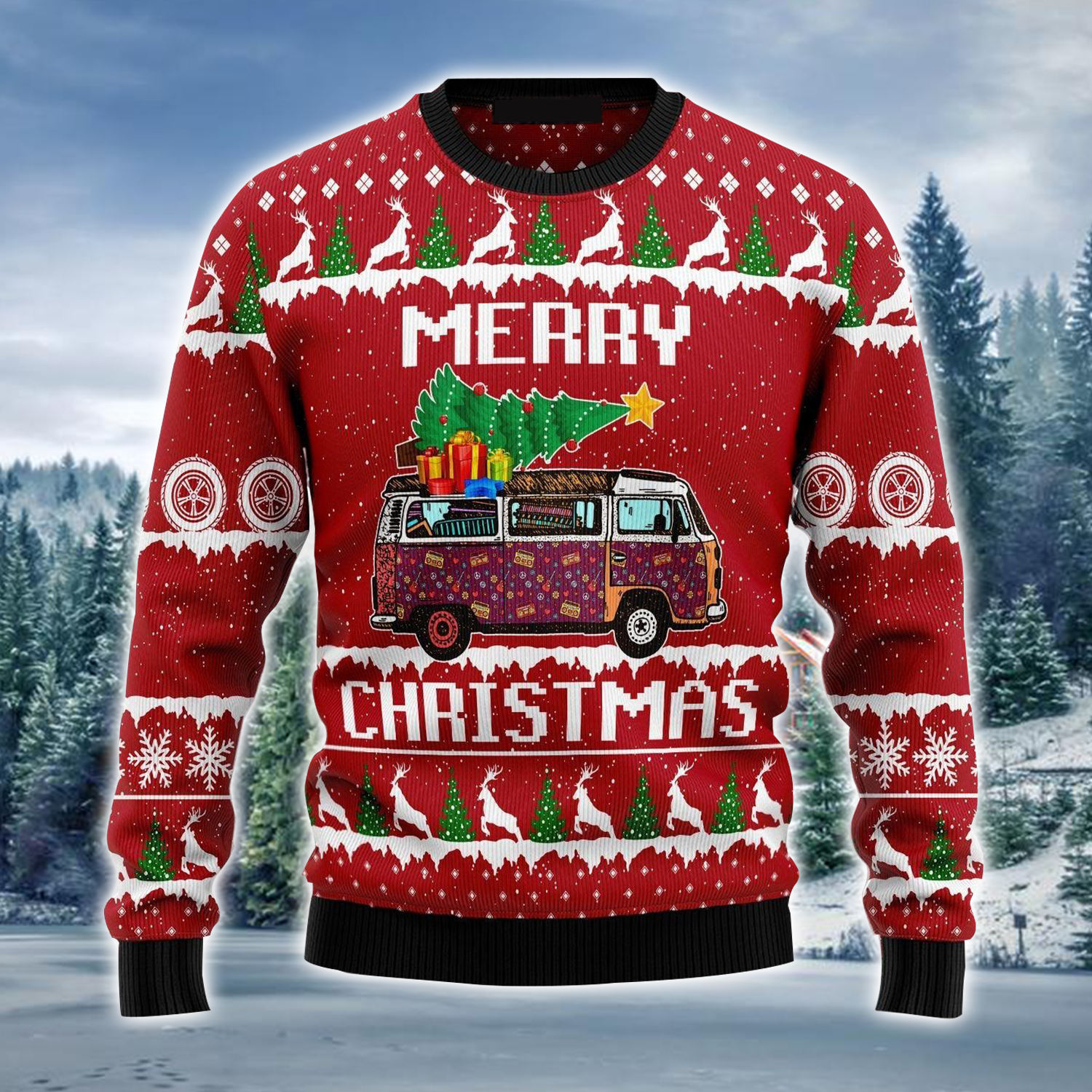 Hippie Car Ugly Sweater/ Christmas Pattern Red Ugly Sweater For Men & Women/ Perfect Gift For Camping Hippie Lover