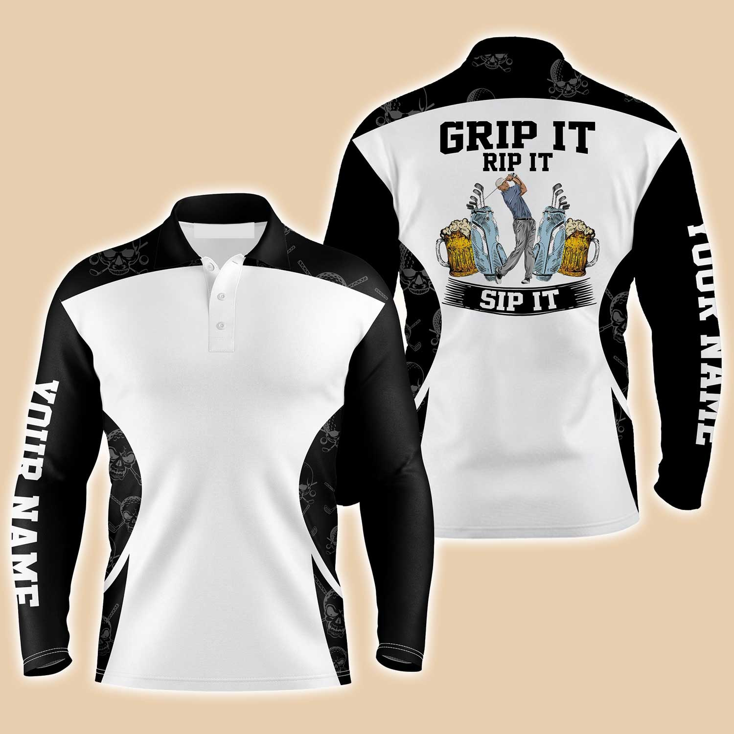 Personalized Beer And Golf Men Long Sleeve Polo Shirt/ Grip It Rip It Sip It Men Polo Shirt
