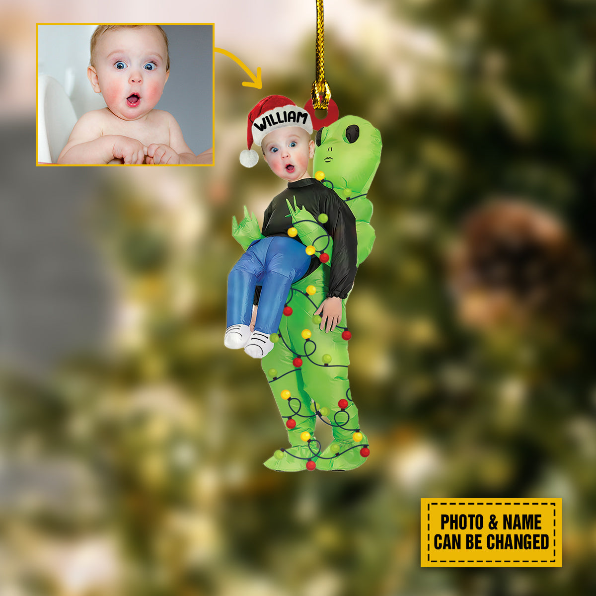Kid And Green Alien Pick Me Up Customized Ornament/ Gift For Family/ Gift For Baby/ Holiday Decor/ Christmas Gift/ Personalize Your Photo And Name