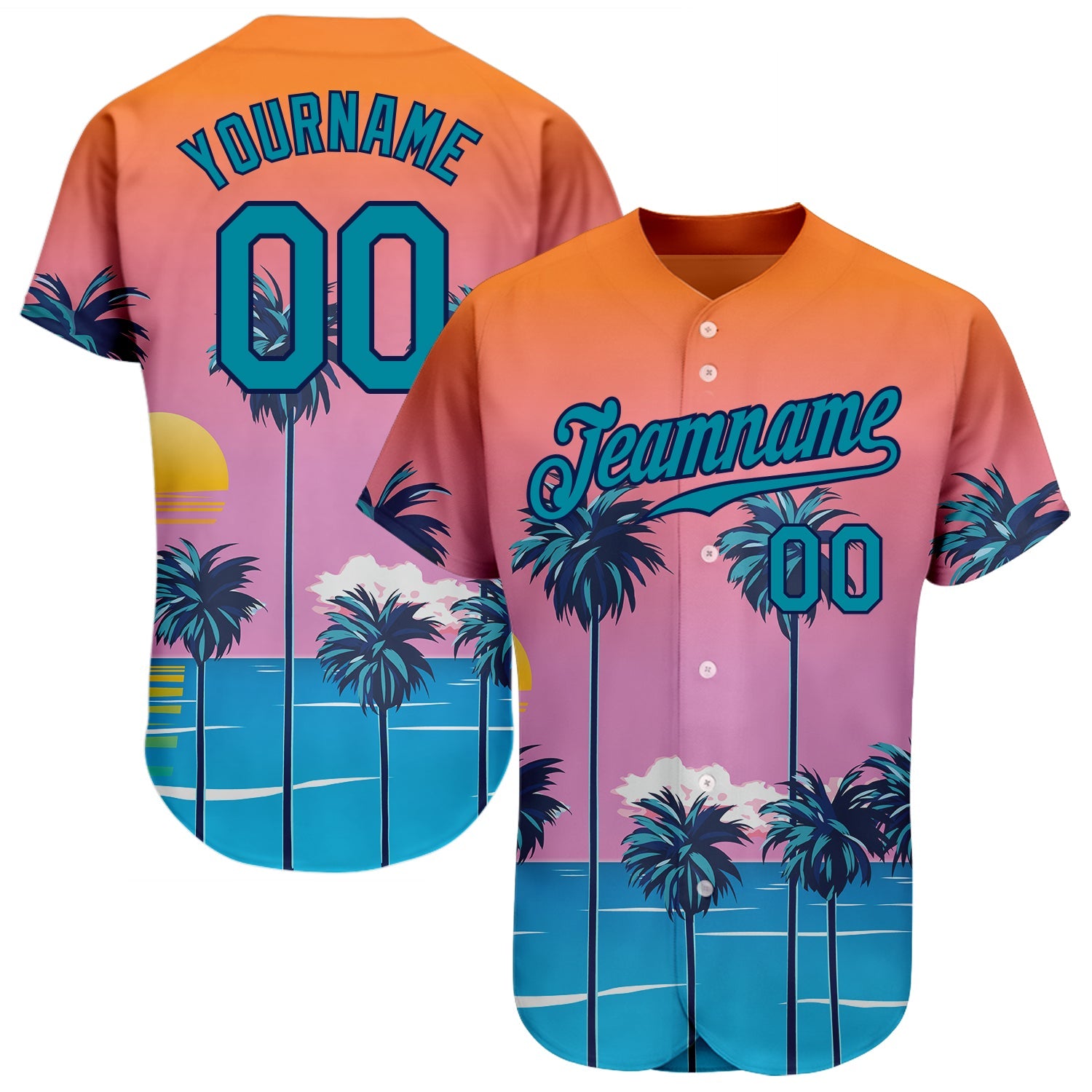 Custom Orange Teal-Navy 3D Pattern Design Sun Beach Hawaii Palm Trees Authentic Baseball Jersey