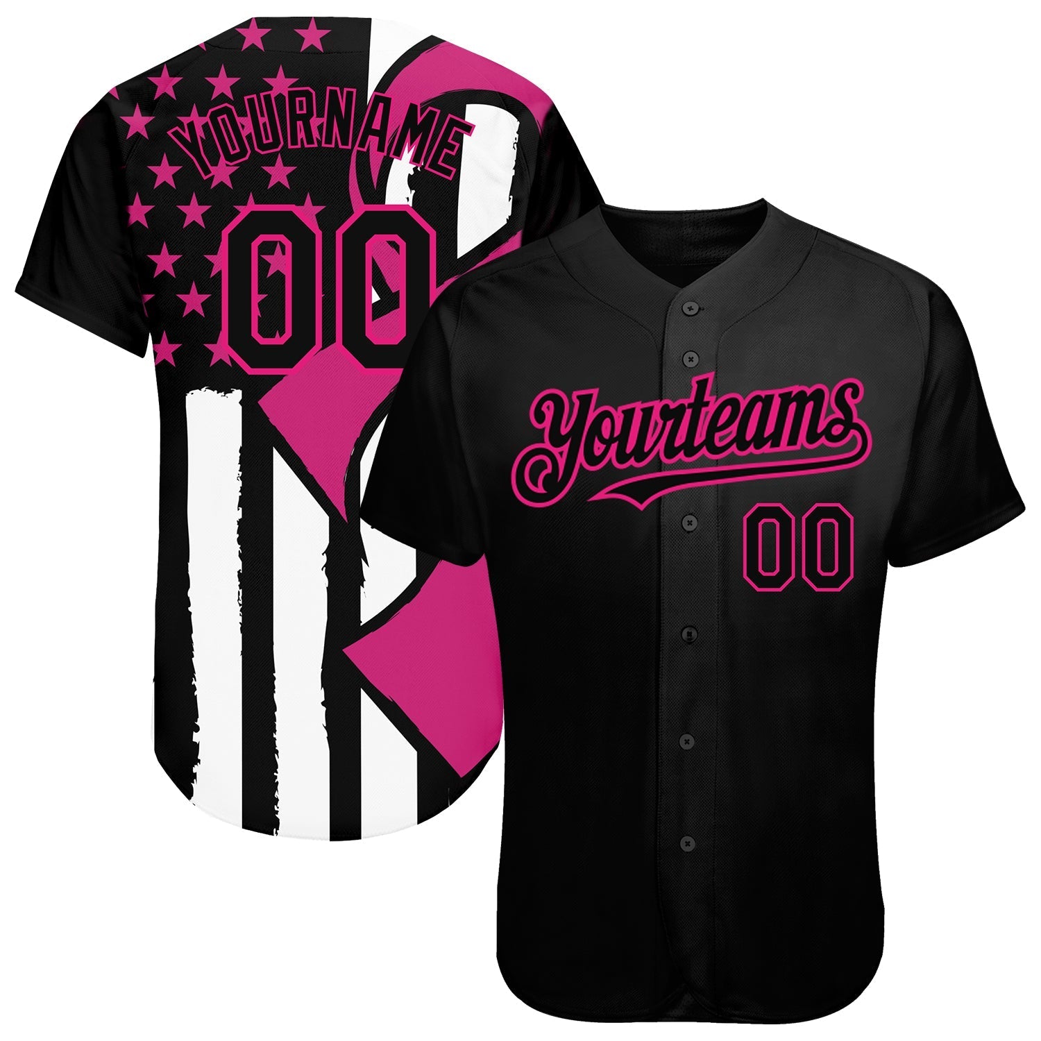 Custom Black Flag American Hot Pink-White 3D Pink Ribbon Breast Cancer Awareness Month Women Health Care Support Authentic Baseball Jersey