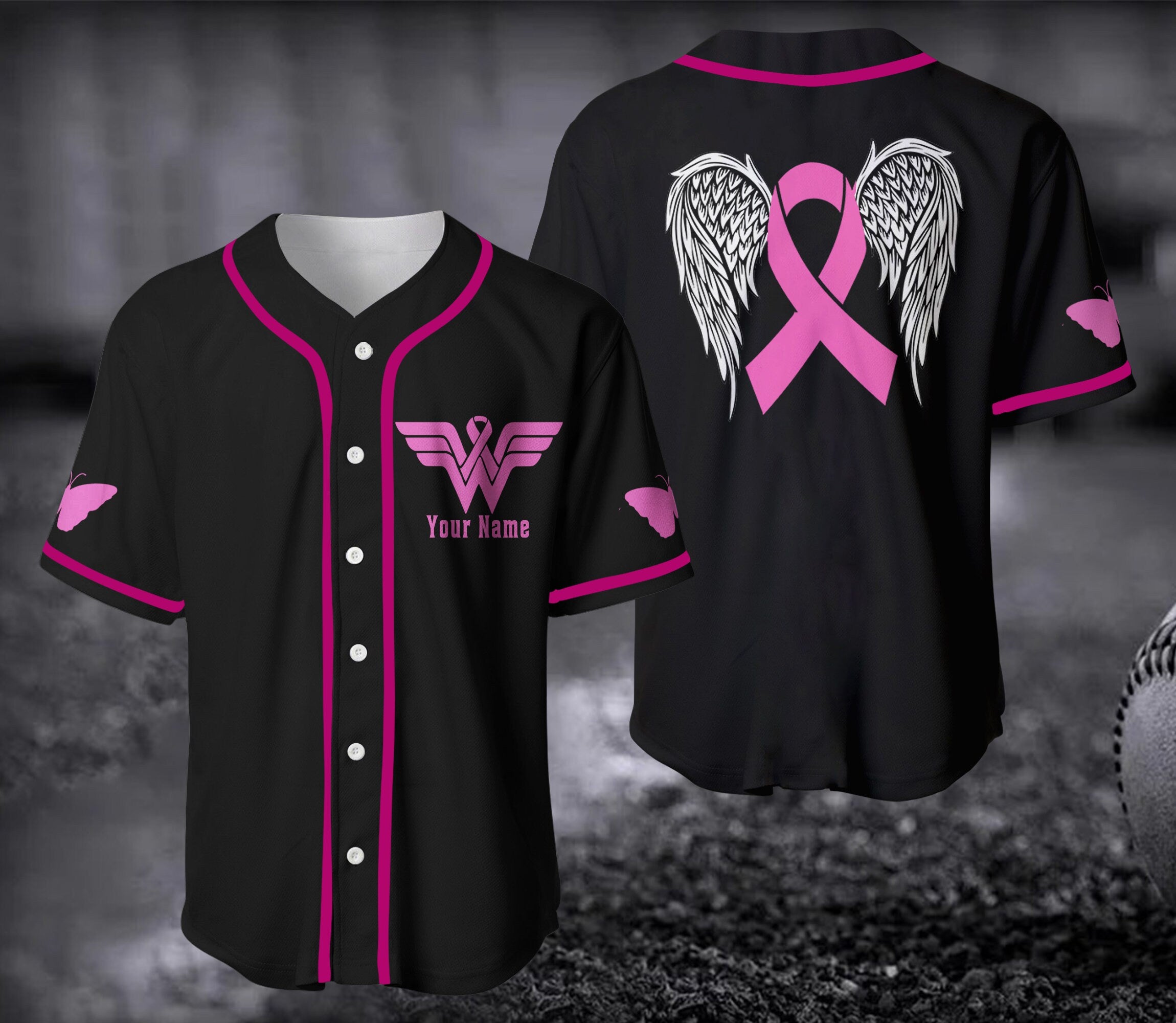 Personalized Breast Cancer Team Name And Number Baseball Jersey/ Custom Pink Ribbon Baseball Jersey Shirt For Breast Cancer Awareness Month