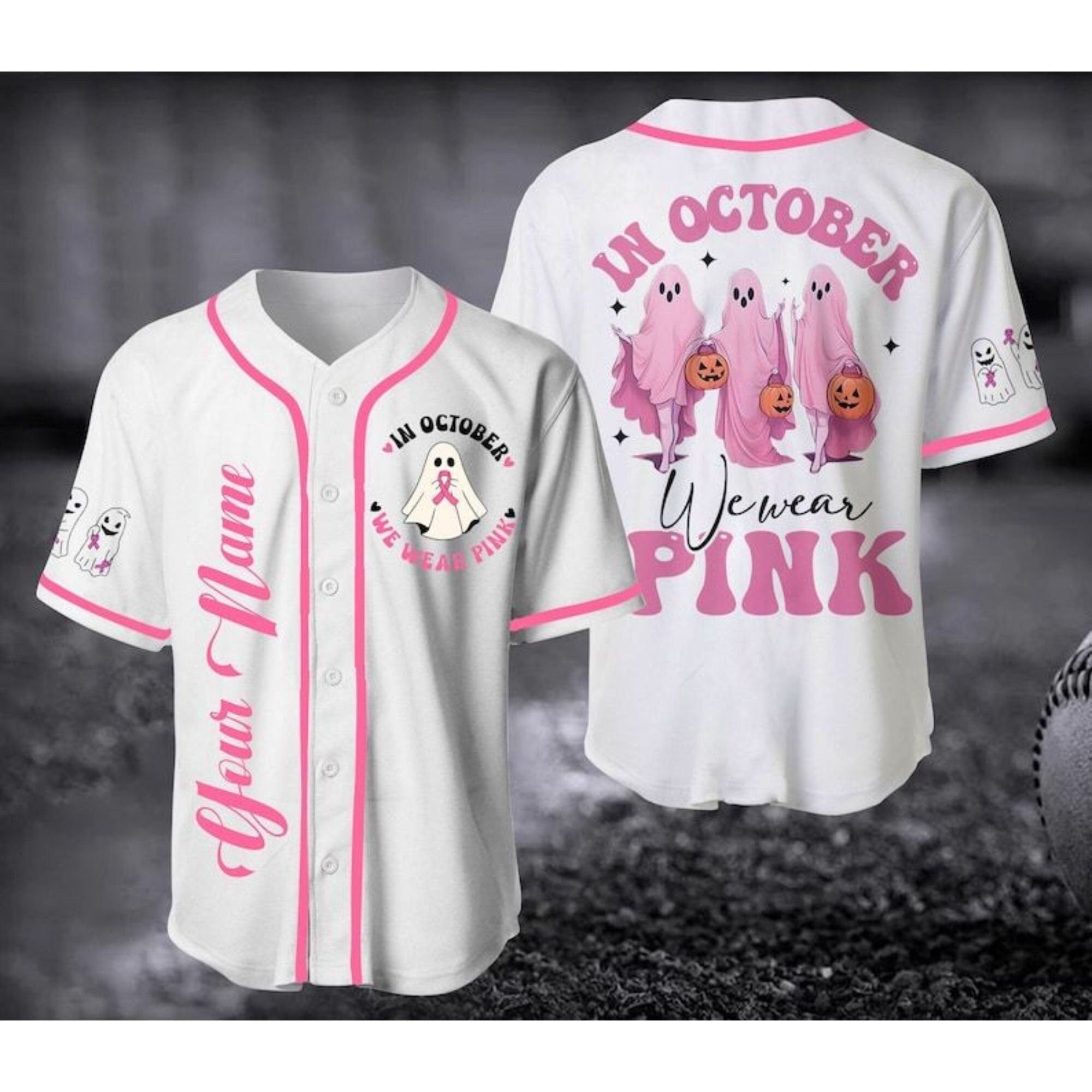 In October We Wear Pink Baseball Jersey/ Personalized Name Breast Cancer Awareness Shirt