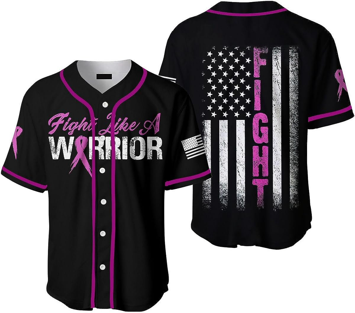 Personalized America Flag Pink Ribbon Breast Cancer Warrior Baseball Jersey