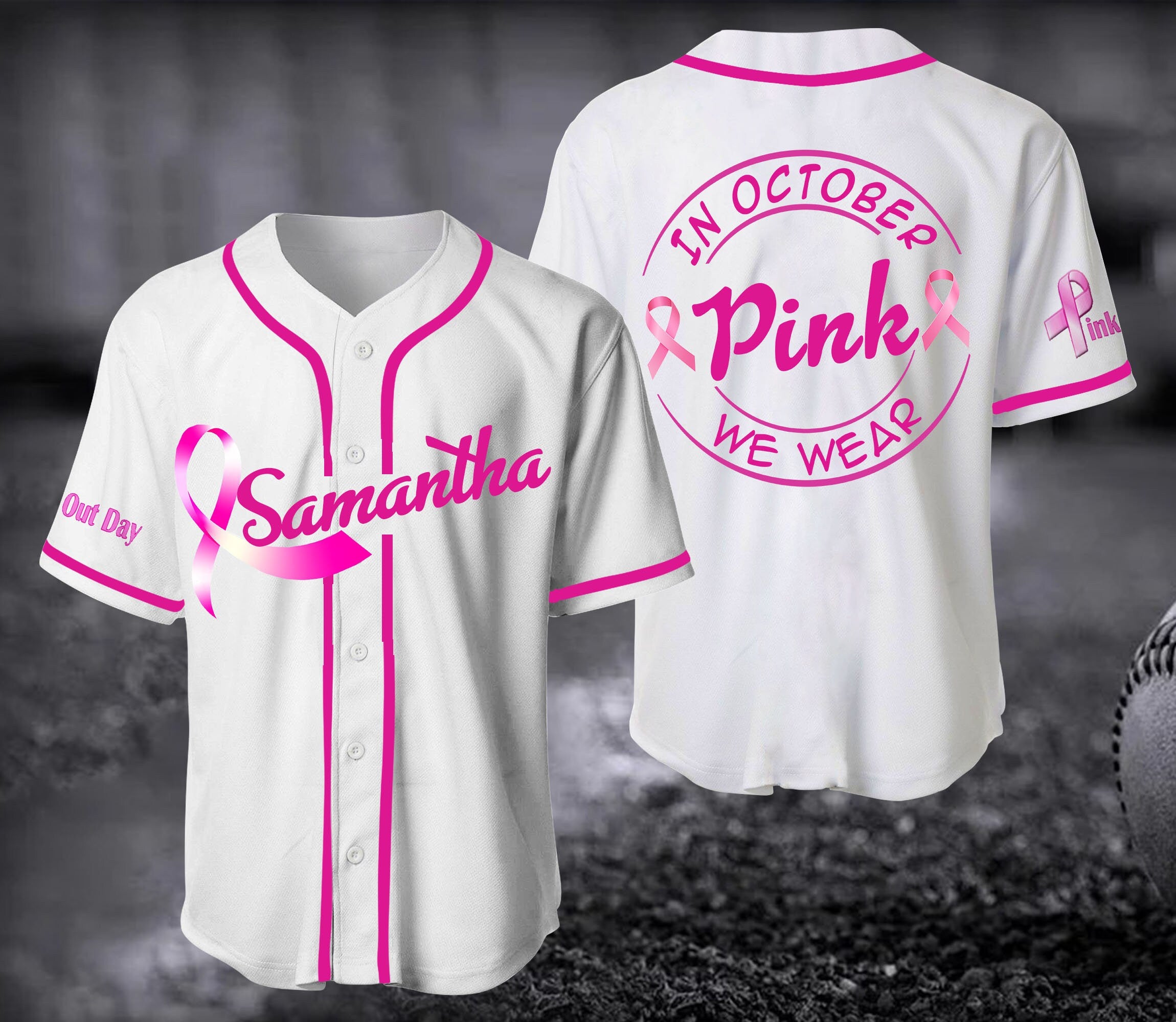 Personalized Breast Cancer Unisex Jersey Shirt/ Gift For Her Him/ Christmas Gift/ Custom In October We Wear Pink Baseball Jersey