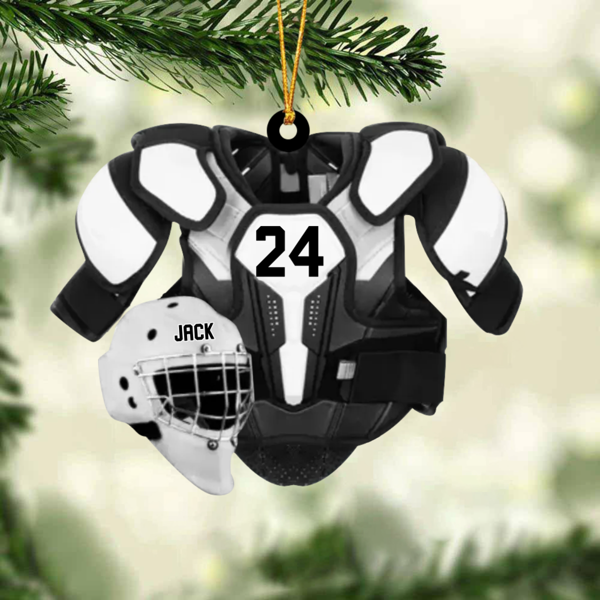 Personalized Ice Hockey Helmet and Shoulder Pads Christmas Ornament
