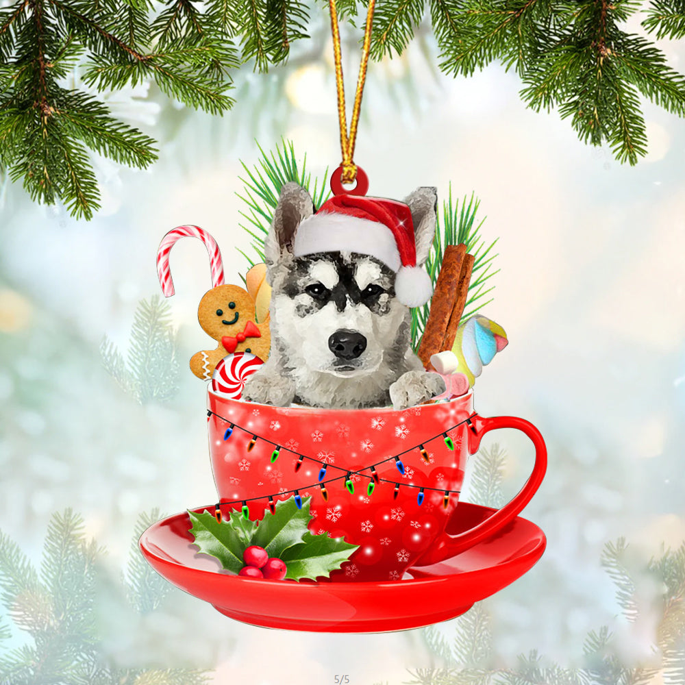Alaskan Malamute In Cup Merry Christmas Ornament Flat Acrylic Dog Ornament
