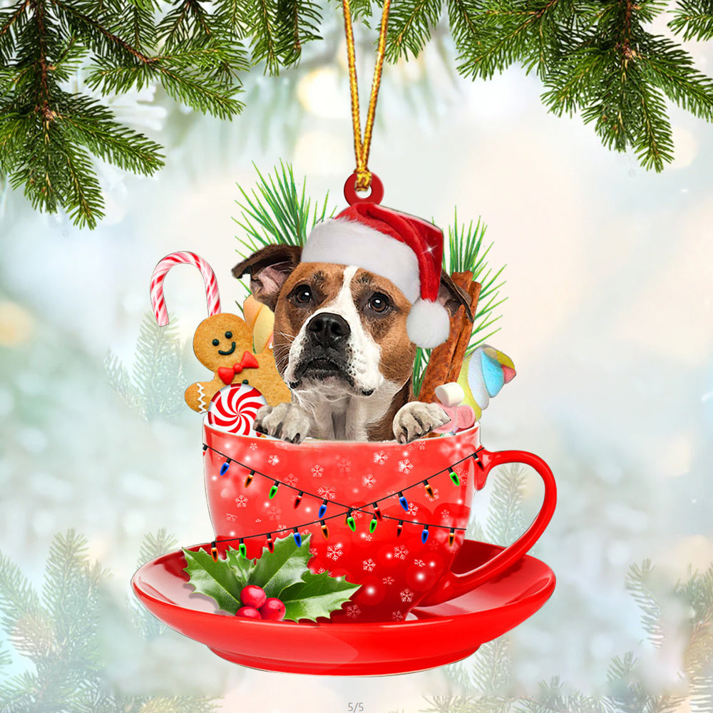 American Bulldog In Cup Merry Christmas Ornament Flat Acrylic Dog Ornament