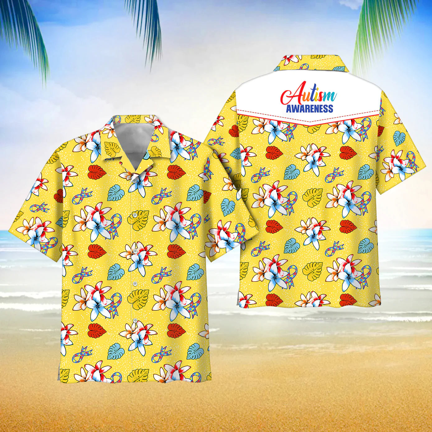 Autism Awareness Frangipani Flowers Pattern Hawaii Shirt Button Down Short Sleeves Hawaiian Full Print Shirt