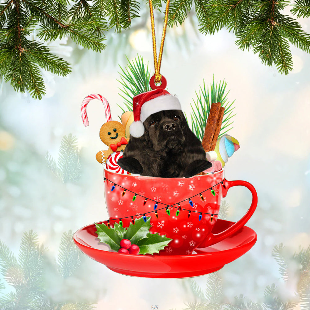 BLACK American Cocker Spaniel In Cup Merry Christmas Ornament Flat Acrylic Dog Ornament
