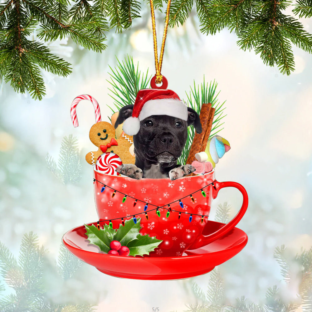 BLACK American Staffordshire Terrier In Cup Merry Christmas Ornament Flat Acrylic Dog Ornament