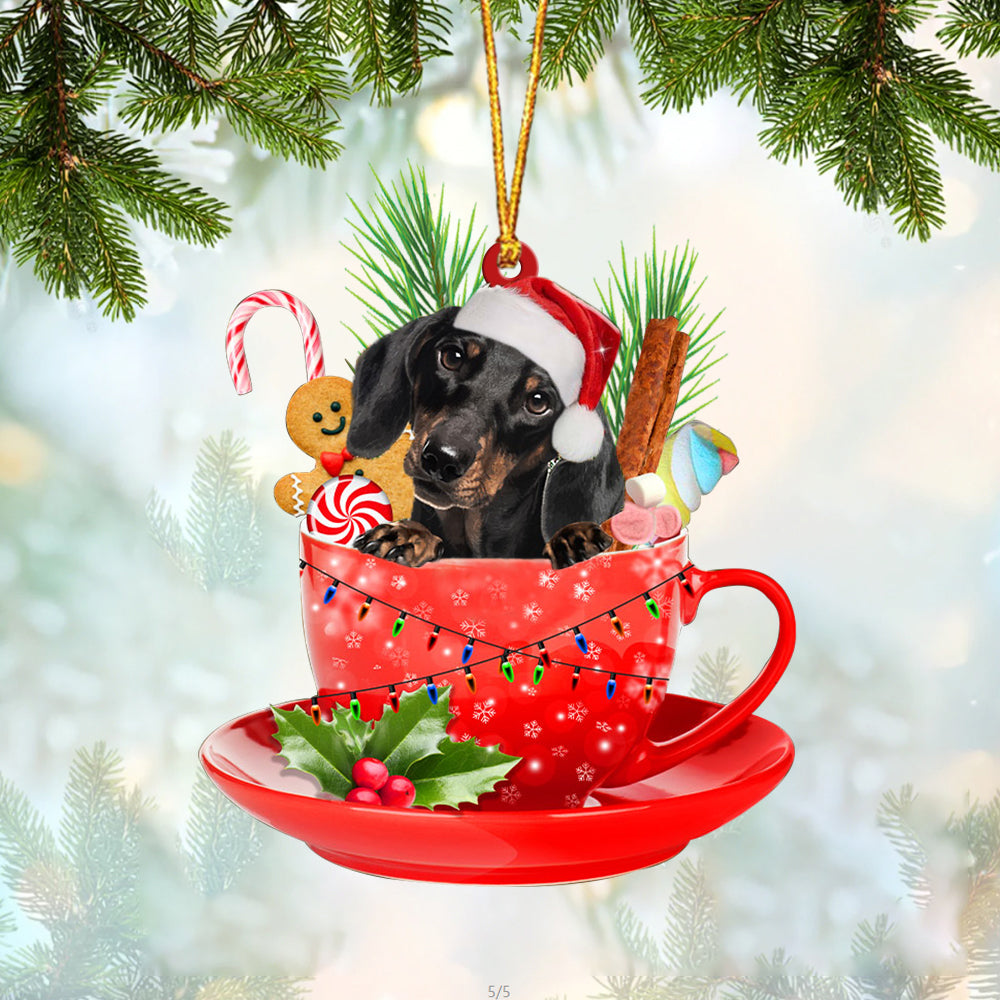 BLACK Dachshund In Cup Merry Christmas Ornament Flat Acrylic Dog Ornament