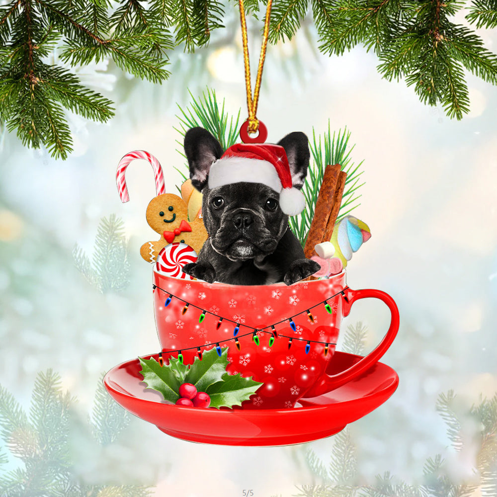 BLACK French Bulldog In Cup Merry Christmas Ornament Flat Acrylic Dog Ornament