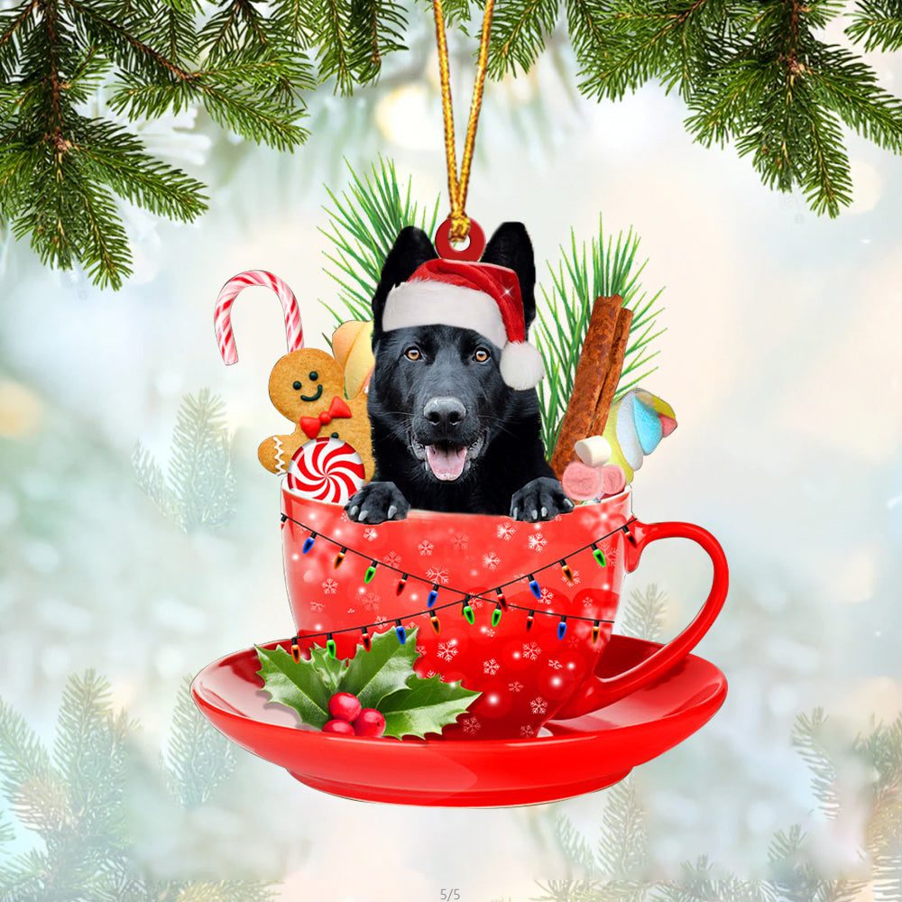 BLACK German Shepherd In Cup Merry Christmas Ornament Flat Acrylic Dog Ornament