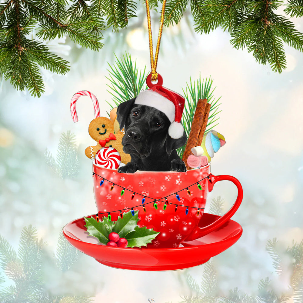BLACK Labrador In Cup Merry Christmas Ornament Flat Acrylic Dog Ornament