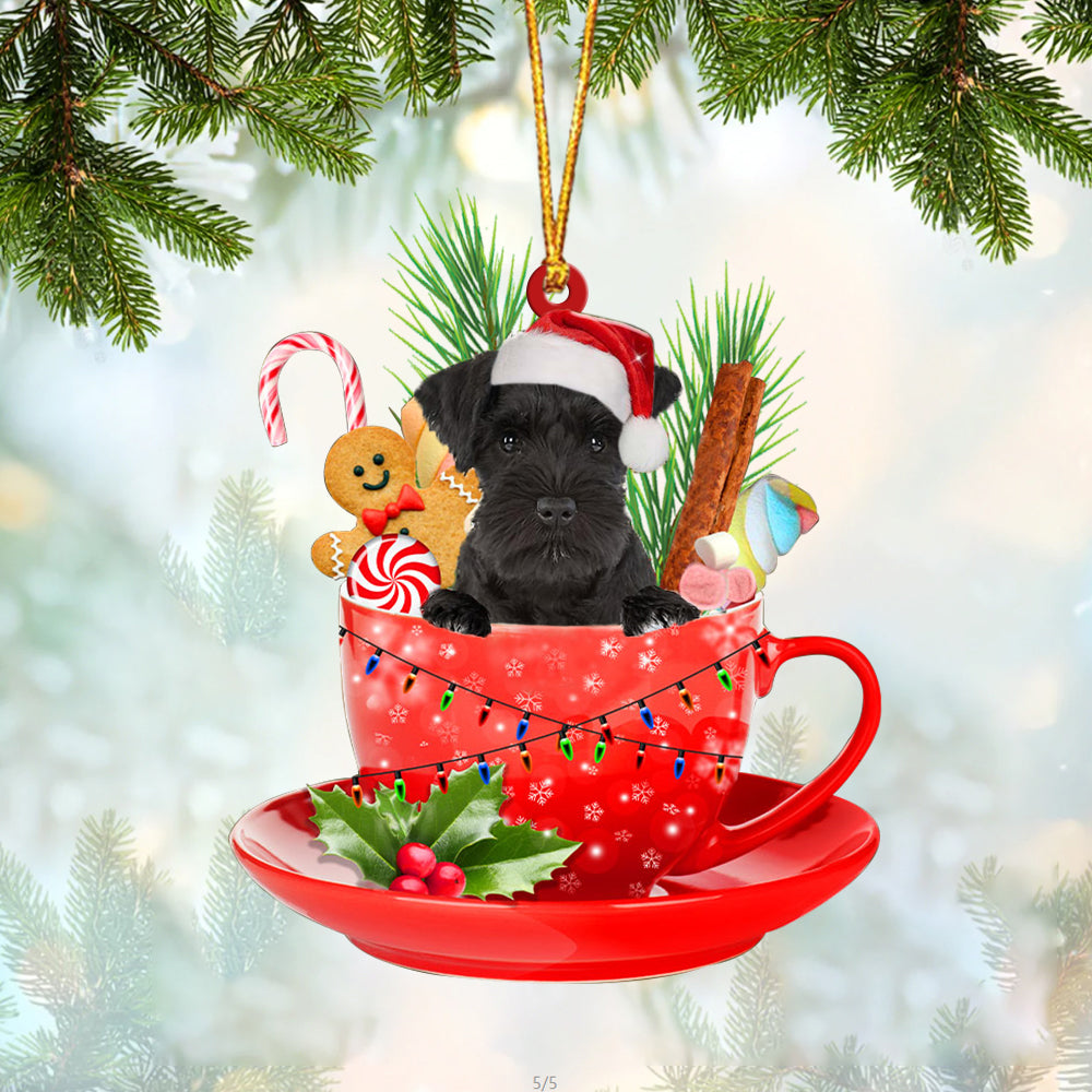 BLACK Miniature Schnauzer In Cup Merry Christmas Ornament Flat Acrylic Dog Ornament