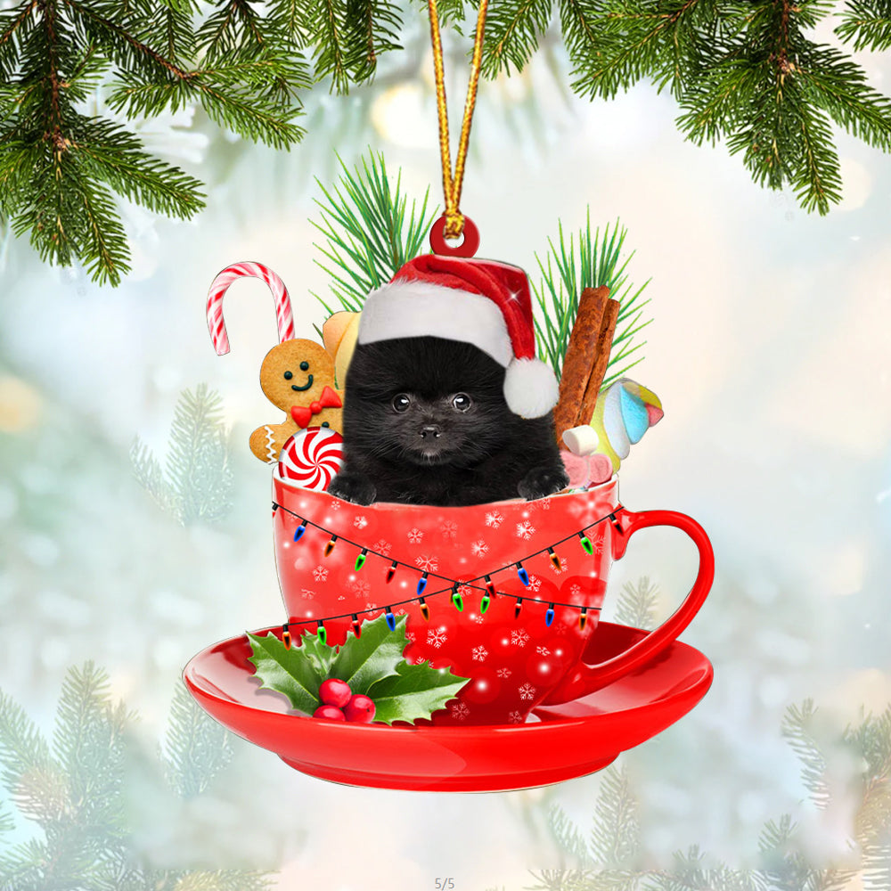 BLACK Pomeranian In Cup Merry Christmas Ornament Flat Acrylic Dog Ornament