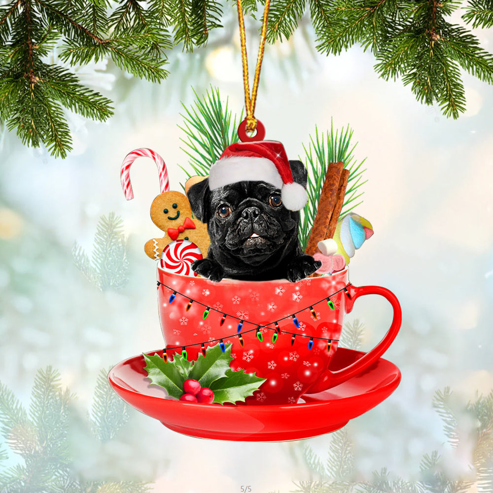 BLACK Pug In Cup Merry Christmas Ornament Flat Acrylic Dog Ornament