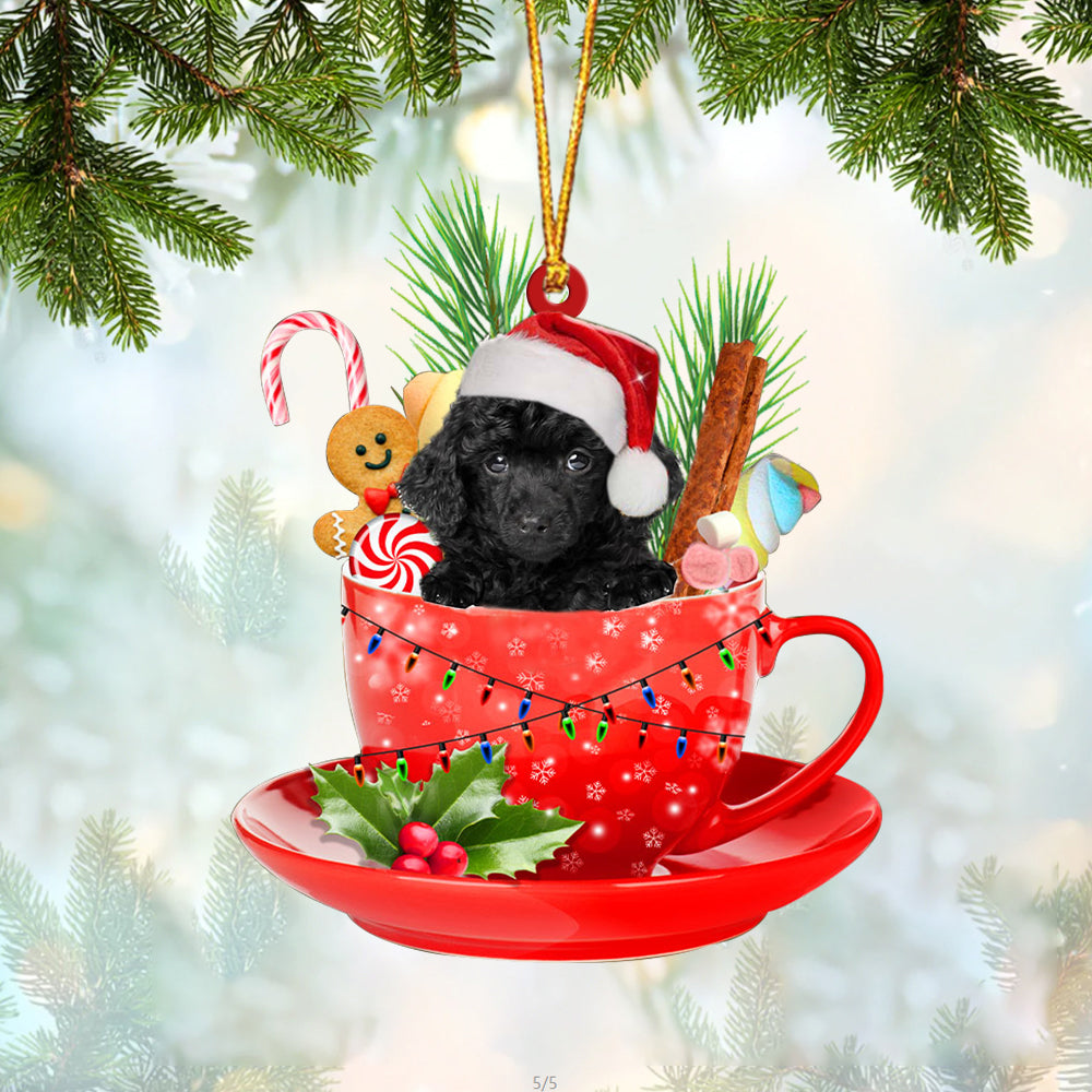 BLACK Toy Poodle In Cup Merry Christmas Ornament Flat Acrylic Dog Ornament