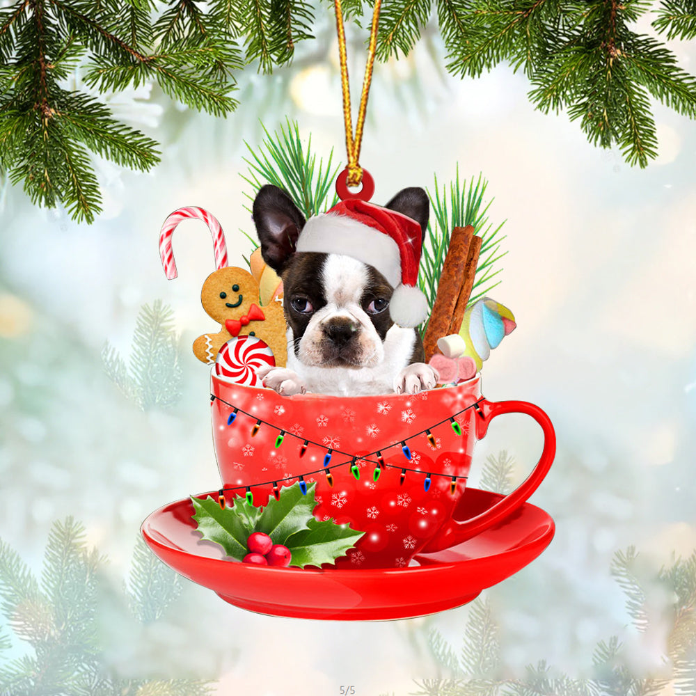 BRINDLE Boston Terrier In Cup Merry Christmas Ornament Flat Acrylic Dog Ornament