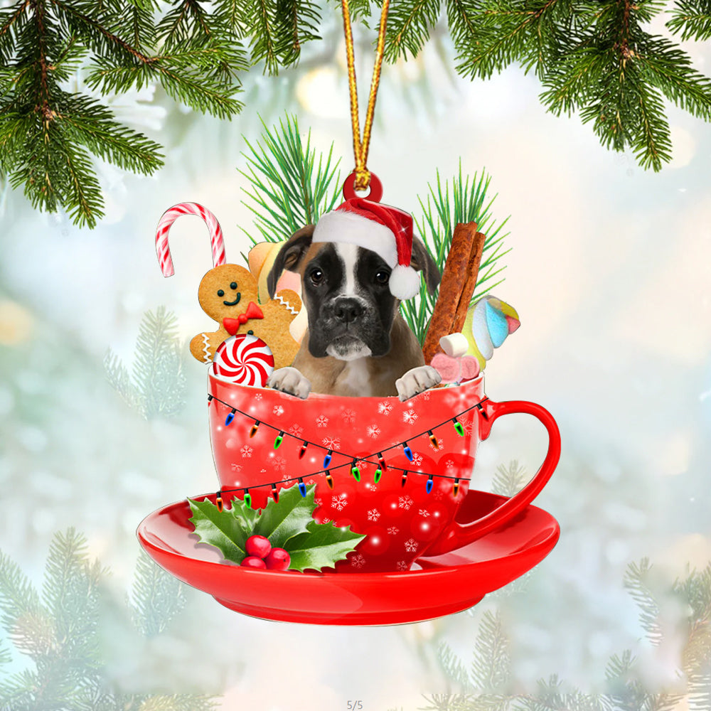BROWN Boxer In Cup Merry Christmas Ornament Flat Acrylic Dog Ornament