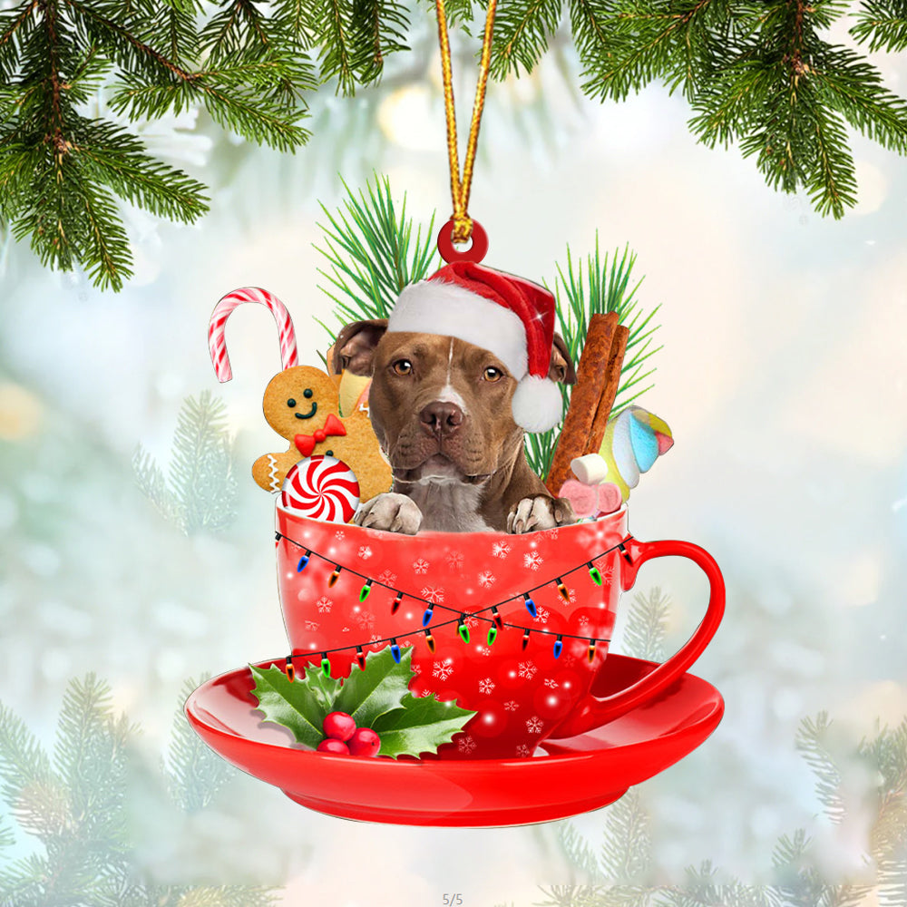 BROWN Pitbull In Cup Merry Christmas Ornament Flat Acrylic Dog Ornament