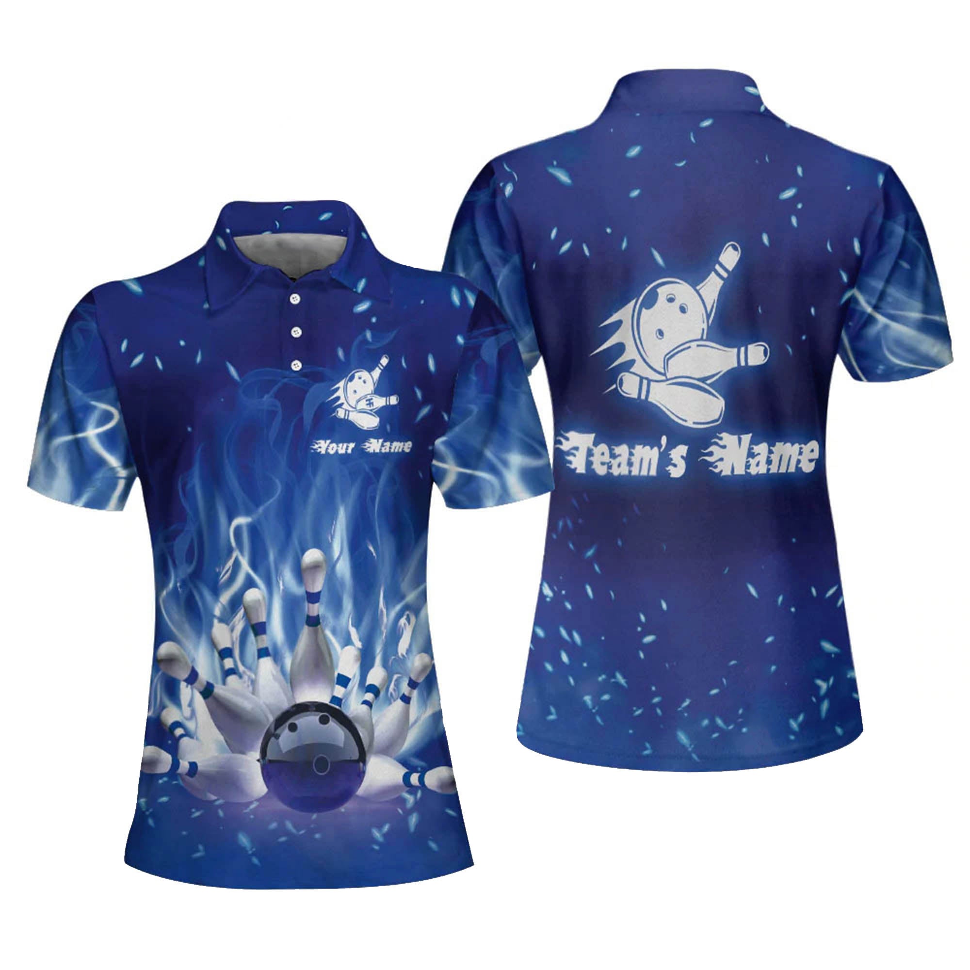 Personalized Blue Fire Unique Blue Bowling Women Polo Shirt/ Idea Gift for Bowler