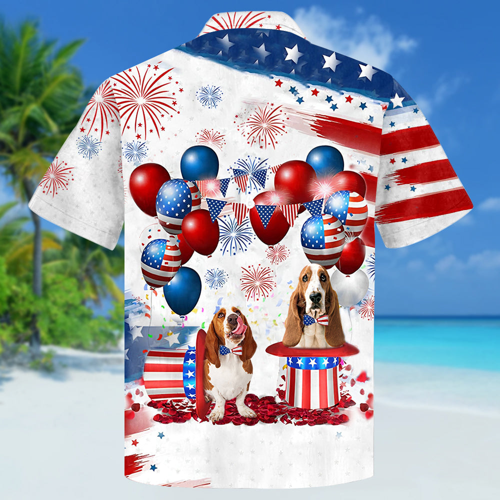 Basset Hound Independence Day Hawaiian Shirt/ Dog Hawaii Beach Shirt Short Sleeve For 4Th Of July