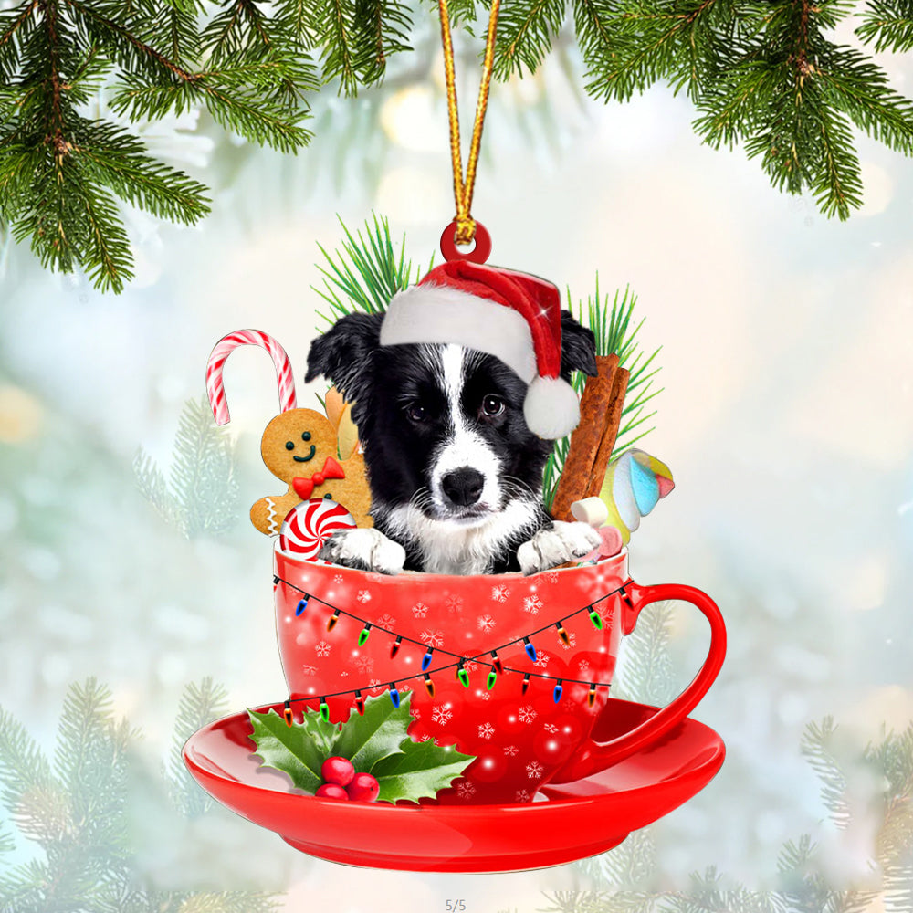 Border Collie In Cup Merry Christmas Ornament Flat Acrylic Dog Ornament