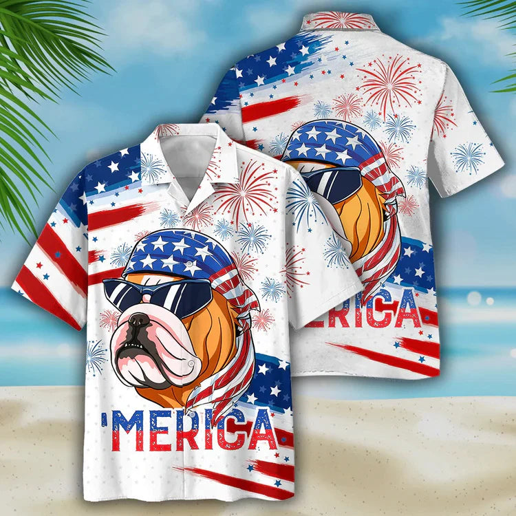 Bulldog Aloha Hawaiian Shirts For Summer/ Funny Dog Merica Independence Day USA Flag Hawaiian Shirt For Men Women/ 4th of July Gift For Dog Lovers