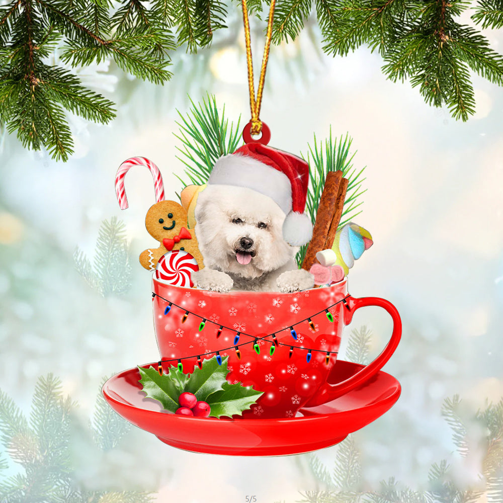 CREAM Bichon Frise In Cup Merry Christmas Ornament Flat Acrylic Dog Ornament